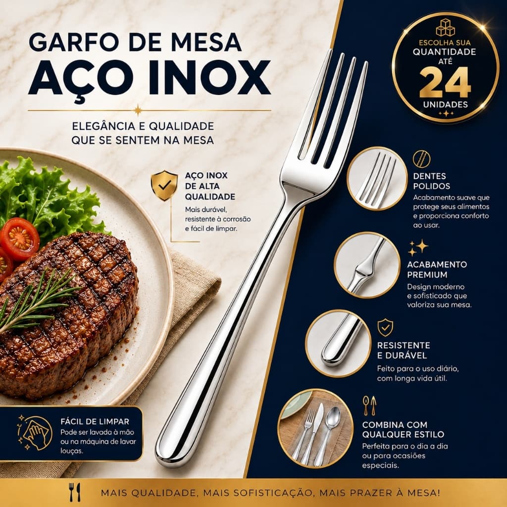 Garfo de Mesa 24 Peças Aço Inox Talher Cozinha