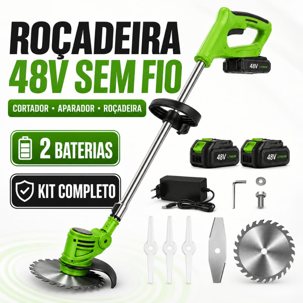 Maquina Roçadeira Cortador & Aparador De Grama Eletrico 48v Sem Fio Kit completo