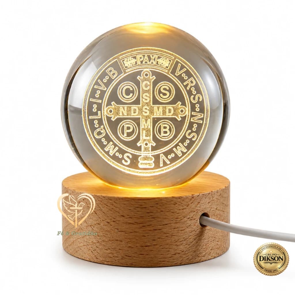 Luminária São Bento Medalha Bola Cristal 3D LED Abajur Mesa Decoração Fé Proteção Presente bivolt