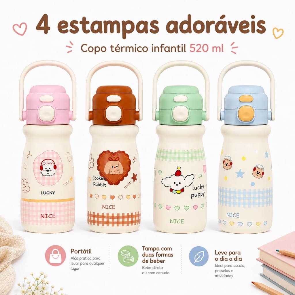Garrafa Térmica Infantil 520ML duas formas de beber canudo/bocal de Aço Inoxidável 316, Serve bebida quente e fria