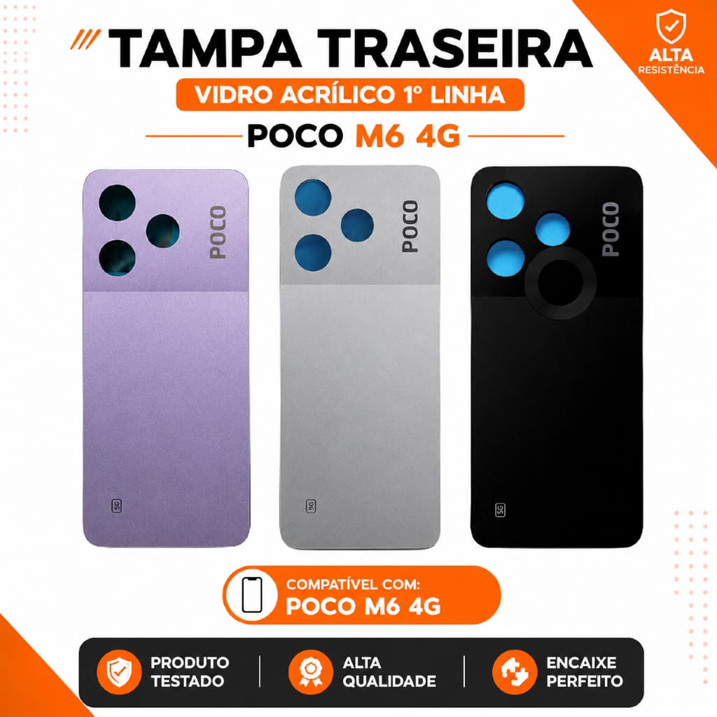 Tampa Poco M6 4G Traseira Vidro Acrilico 1° Linha  Capa de Trás Sem Logo CE Encaixe Perfeito