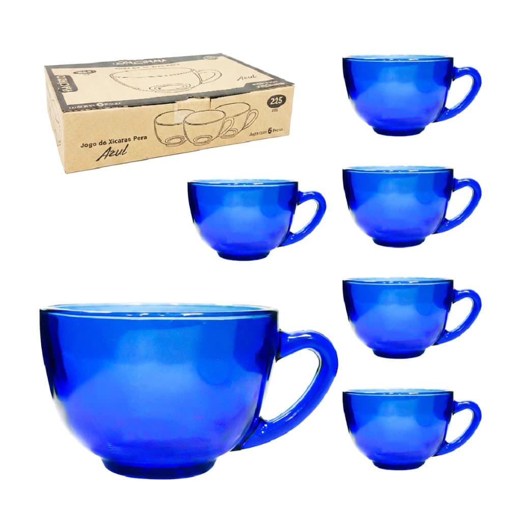 Kit Jogo 6 Xícaras de Chá e Café Vidro Azul Oceano 225ml – Modelo Pera Grande Sem Pires