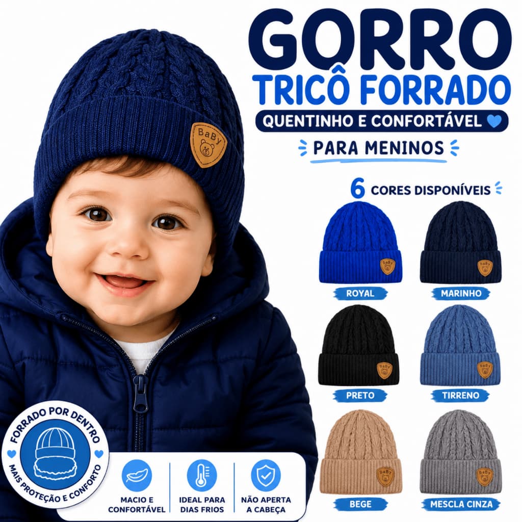 Touca Gorro Bebê Menino Tricô Forrado Quentinho Inverno 6 Meses a 3 Anos Gorro Infantil