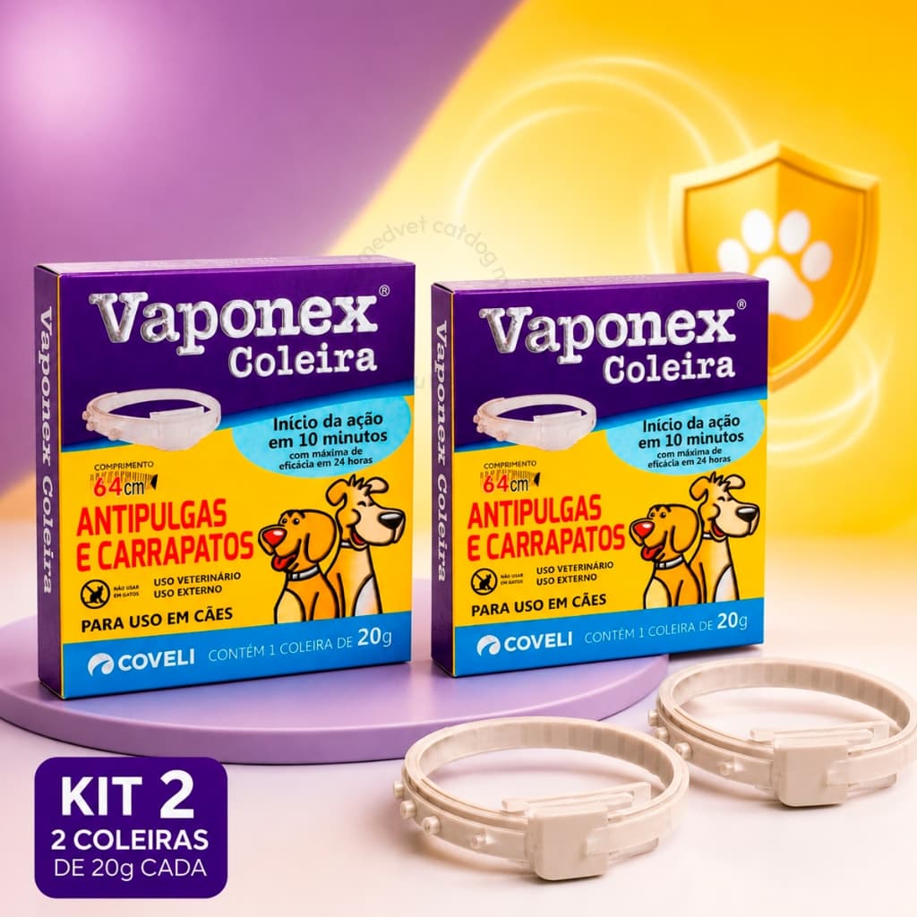 Coleira Vaponex 20g Antipulgas e Carrapatos 2 Unidades Para Cães Proteção Longa Duração