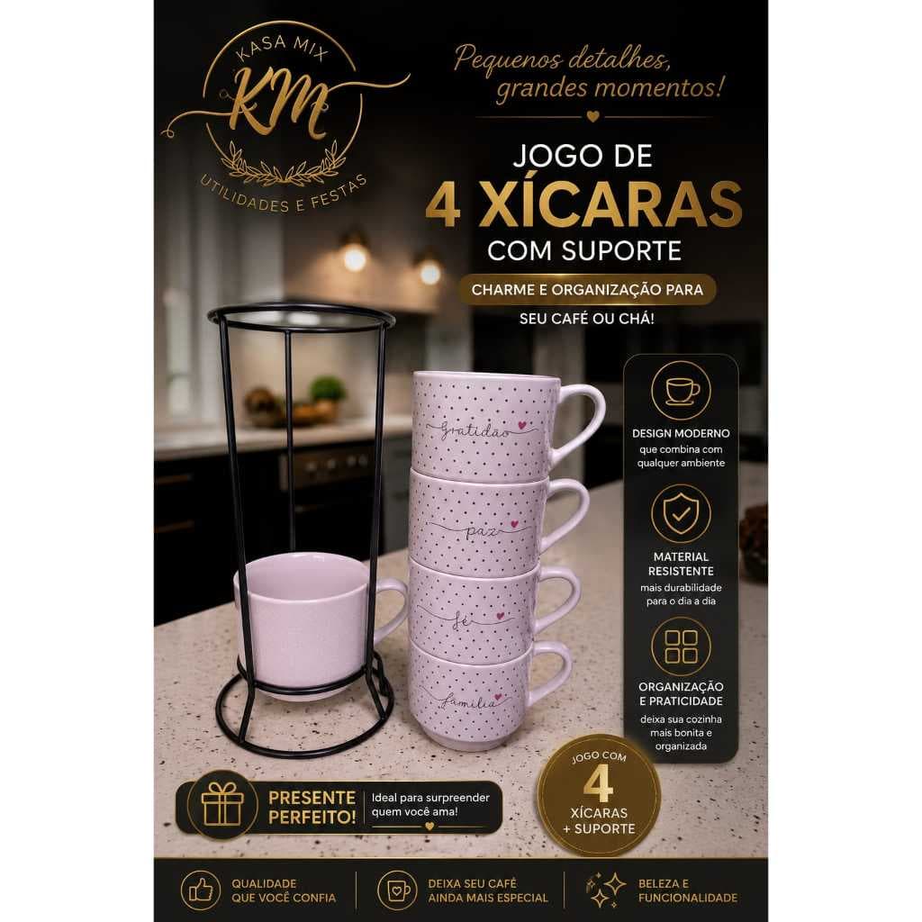 Jogo De Xícaras Café Chá Preta Com Suporte Kit 4 Canecas Poá