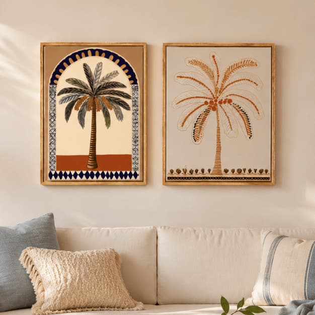 Kit 2 Quadros Decorativos 30x40cm Coqueiros Estilo Praiano Boho Moldurados para Sala Quarto e Escritório