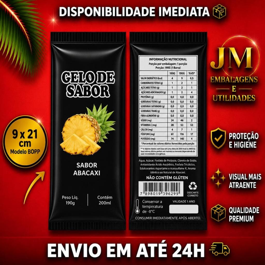 Embalagem para Gelo Saborizado (Sabor Abacaxi) - 250 Embalagens Bopp  9 x 21 Saco Higienico Externo