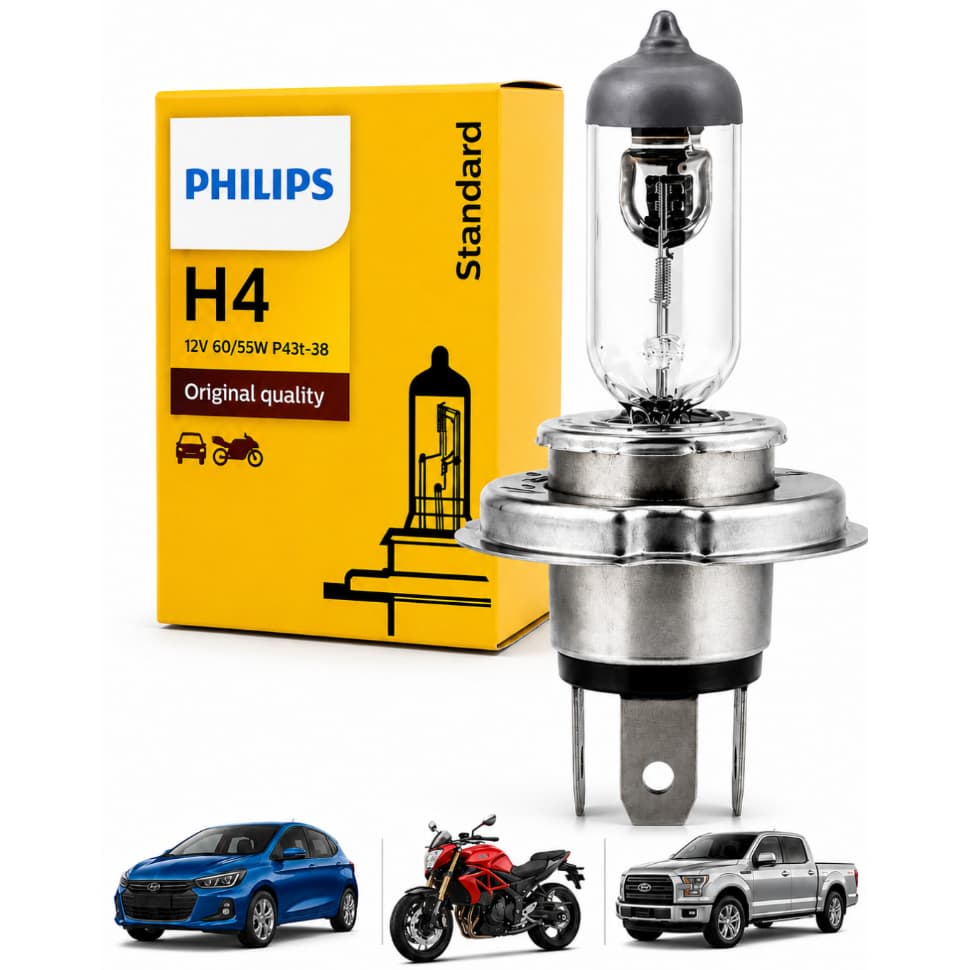 Lâmpada Farol H4 Philips 12V 60/55W Alto Baixo Halógena P43t