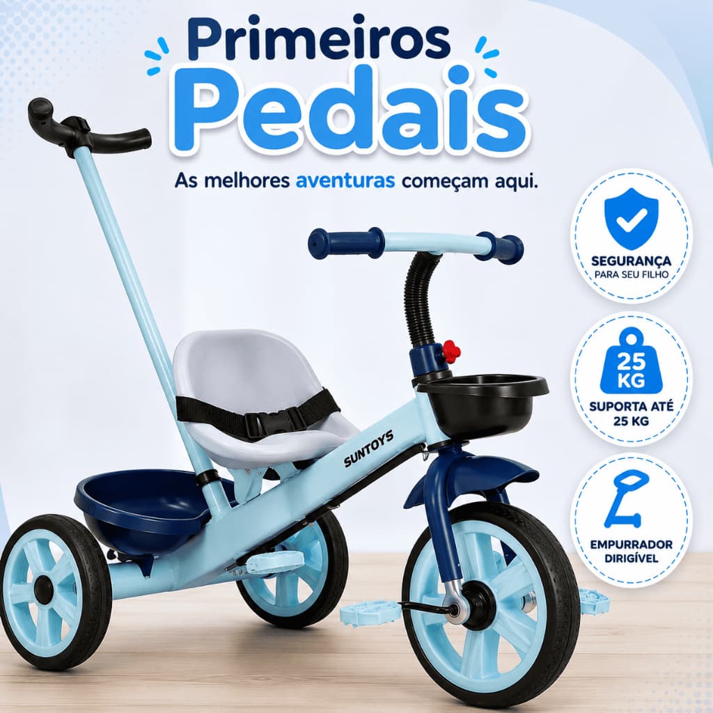 Triciclo Infantil  3 rodas Primeiros Pedais com Empurrador Dirigível Cinto Segurança  Até  25kg Azul