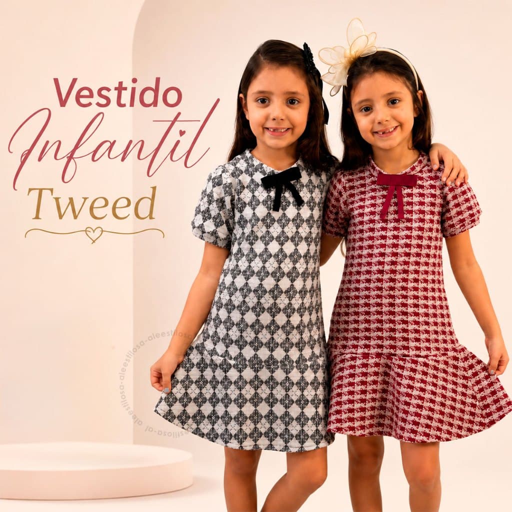Vestido Infantil Menina Tweed Gola Redonda Com Mangas Festa Luxo Cores Casual