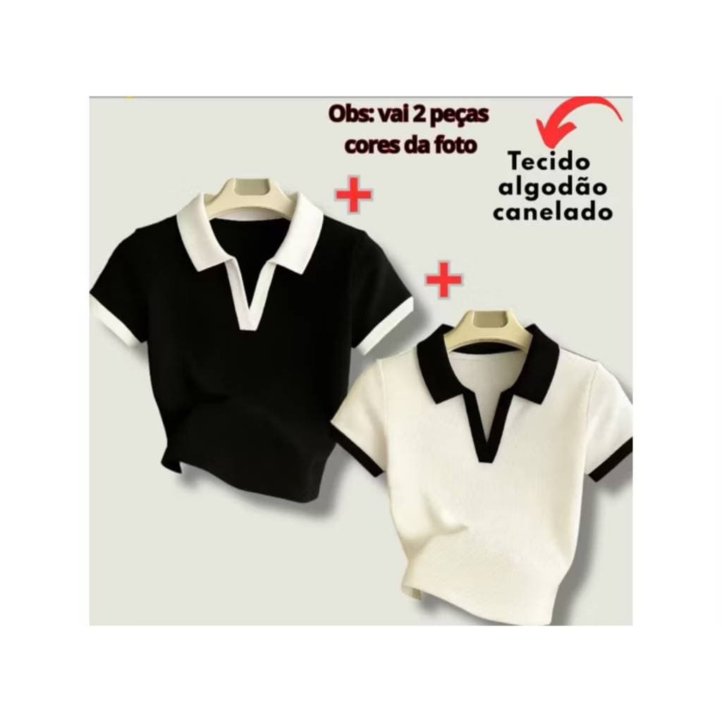 Kit 2 Blusinhas Polo Feminina Bicolor em Ribana Canelada Manga Curta