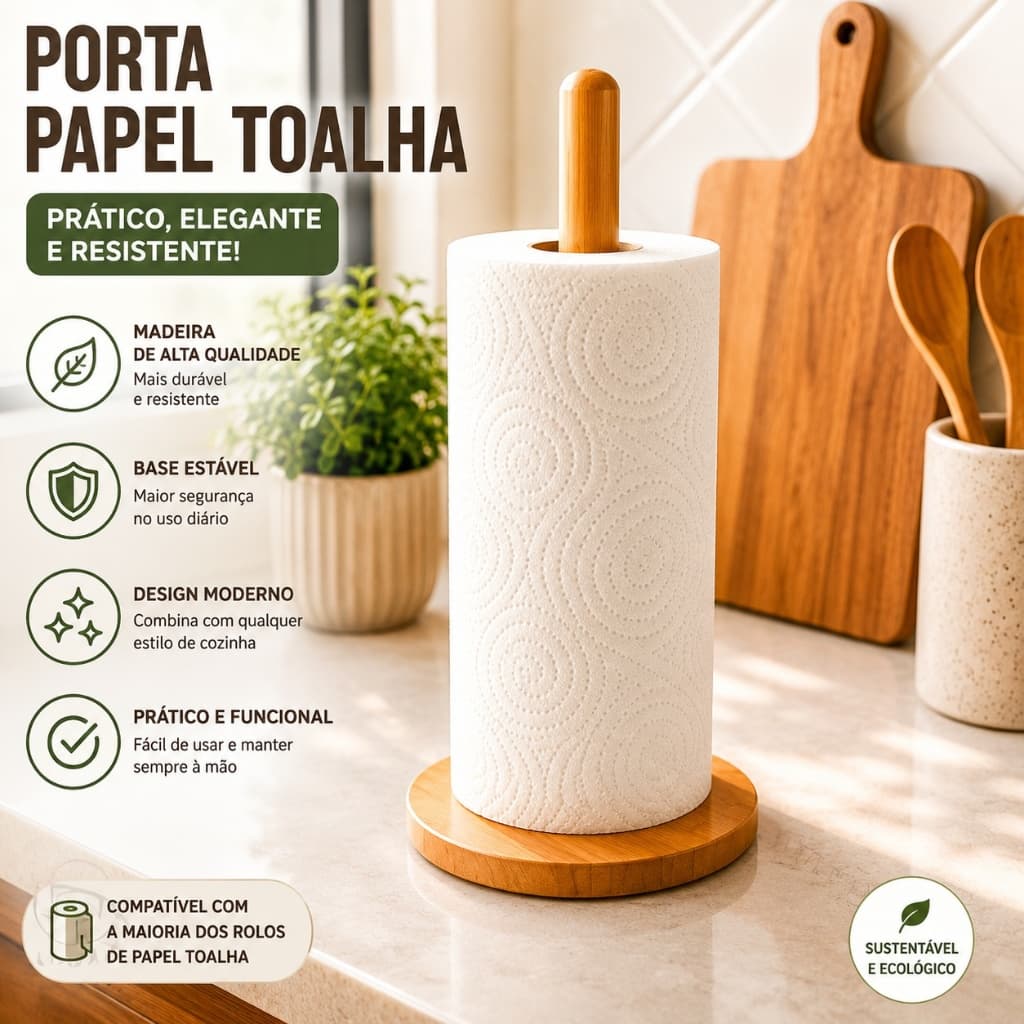 Porta Papel Toalha de Bambu Natural para Bancada e Mesa | Suporte em Madeira com Base Antiderrapante