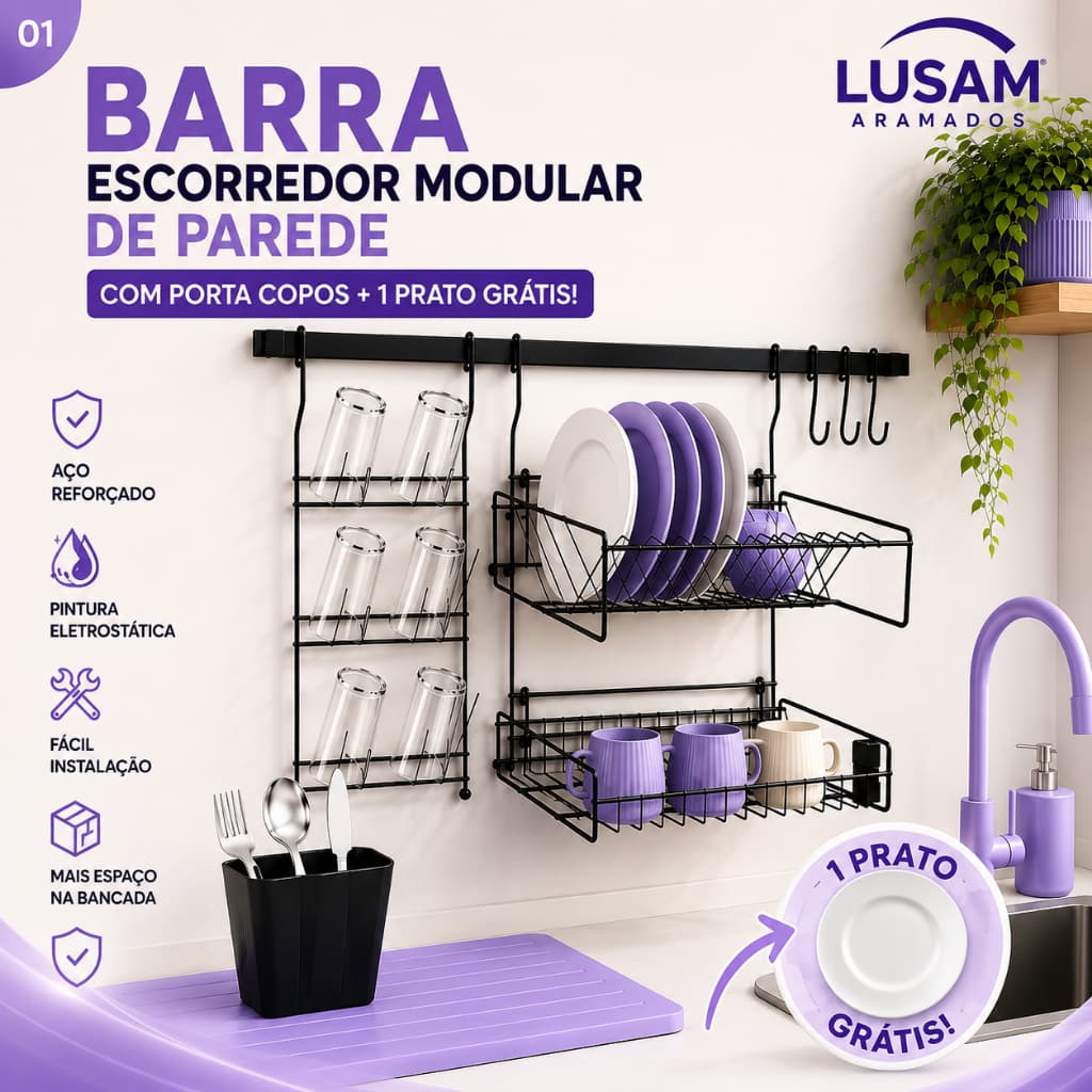 Barra Escorredor Modular de Parede Porta Copos + 1 Prato Grátis | Lusam Aramados