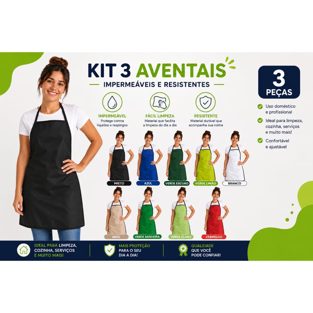Kit 3 Aventais Impermeáveis Napa PVC 90x60cm Cozinha Limpeza Profissional Churrasco