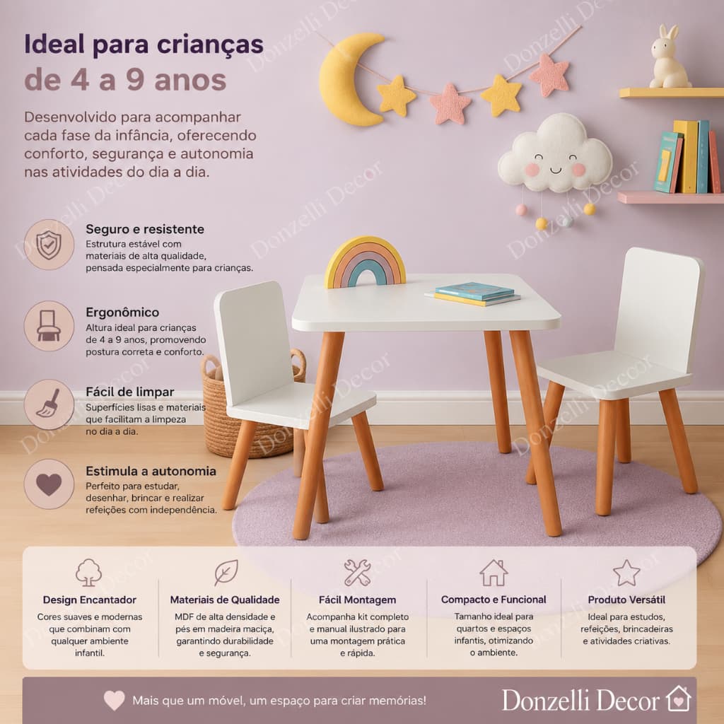 Mesa Infantil Cadeira 60cm de Altura 100% Mdf Pés em Madeira Menino Menina Promoção Estudar Brincar