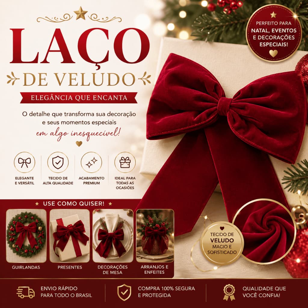 Laço Decorativo Natalino natal Veludo 30x30cm Vermelho para Árvore, Guirlanda, Presentes e Decoração