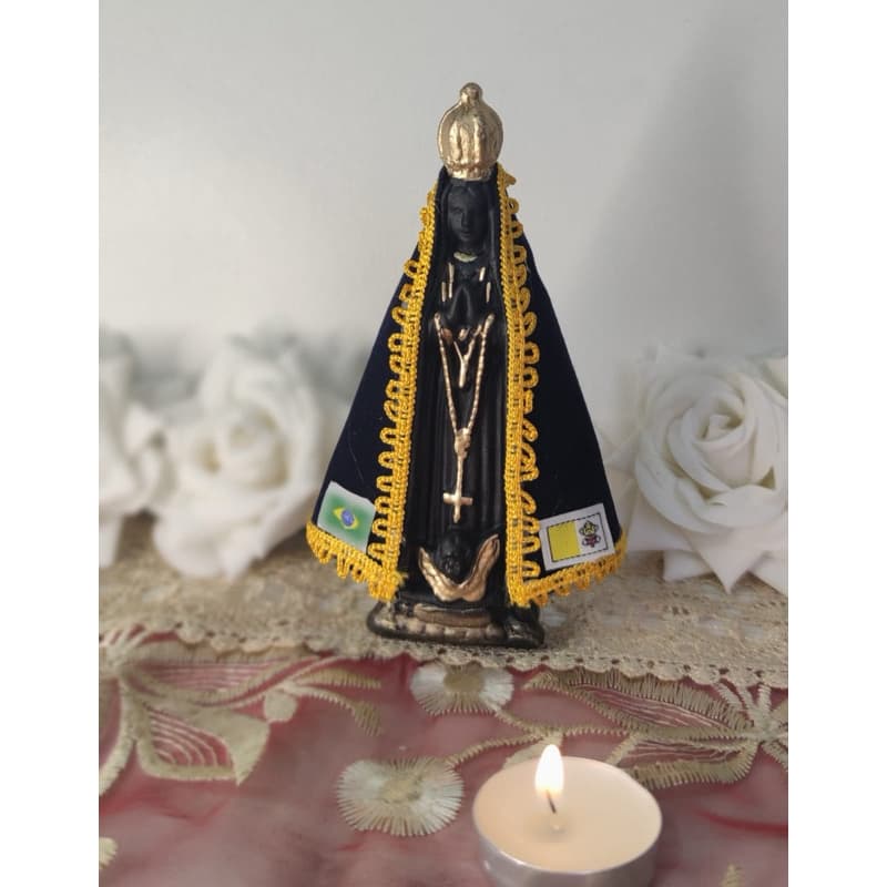Nossa senhora de Aparecida 15 cm com manto camurça azul marinho.