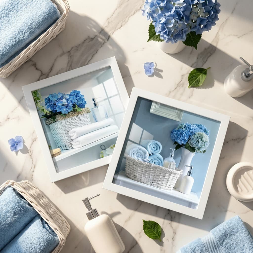 Kit 2 Quadros Decorativos 18x18 cm — Cestas de Flores Azul para Banheiro e Lavabo floral delicado