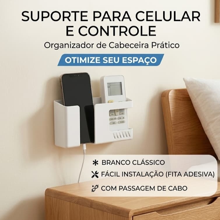 Suporte Organizador de Cabeceira Prático | Para Celular e Controle Remoto | Sem Furos
