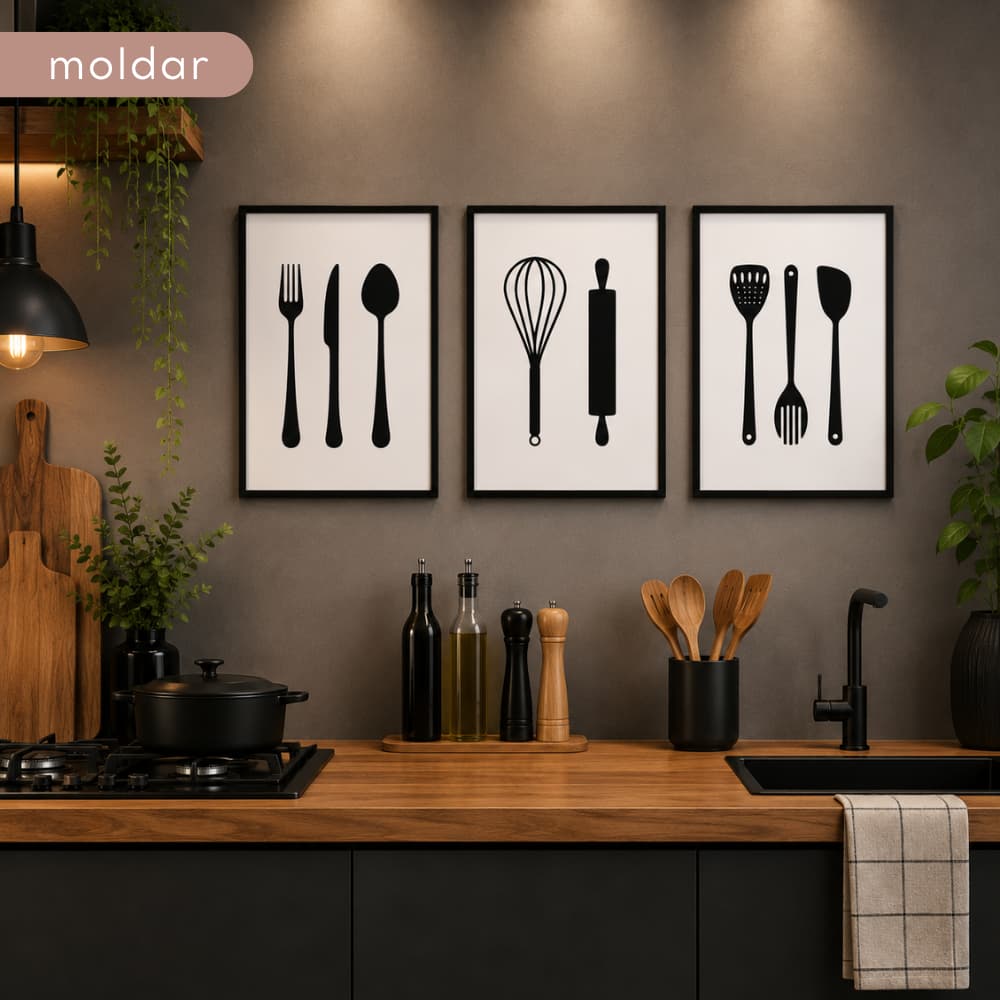 Kit 3 Quadros Decorativos Cozinha MDF Talheres Parede Área Gourmet Moderno