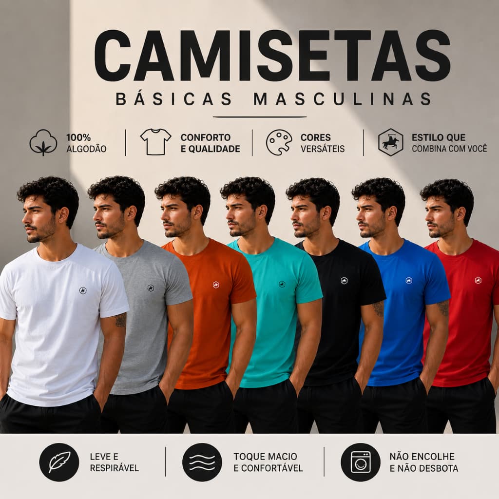 Camisetas Masculinas de Malha Cotton Algodão Básicas Camisas Premium