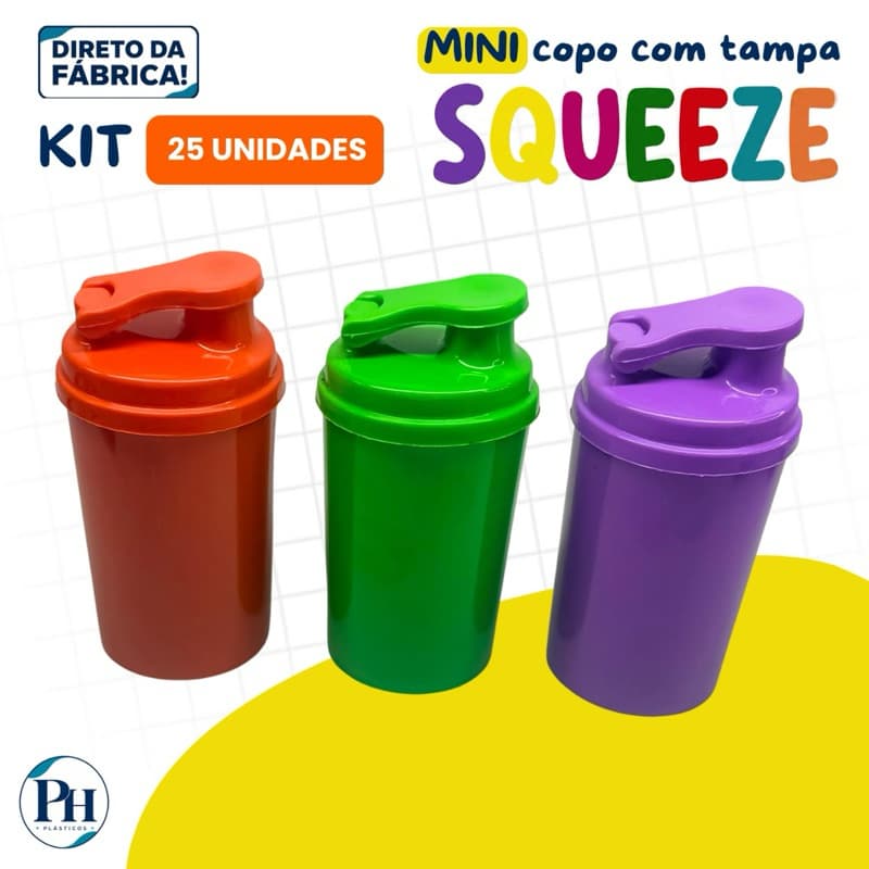 KIT 25 COPOS MINI DRINK 200ML COM TAMPA SQUEEZE | MINI SQUEEZE/COQUETELEIRA/SHAKEIRA | FESTAS, EVENTOS E LEMBRANCINHAS