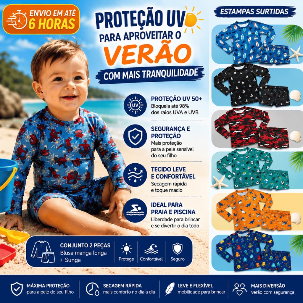 Conjunto Bebê Menino Proteção UV 50+ Blusa Calcinha Praia Piscina Natação