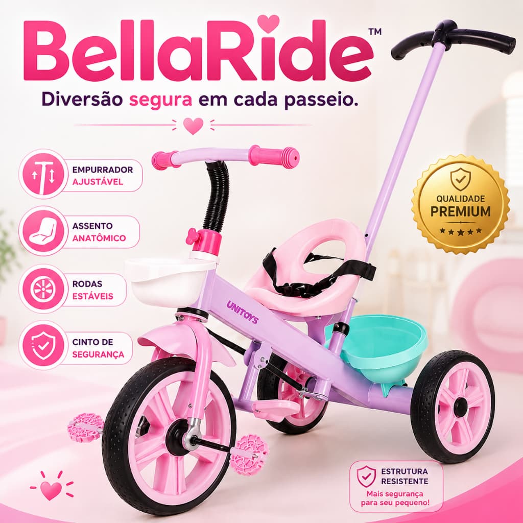 Triciclo Infantil BellaRide com Empurrador Assento Ajustável Rodas Estáveis Cinto de Segurança Rosa