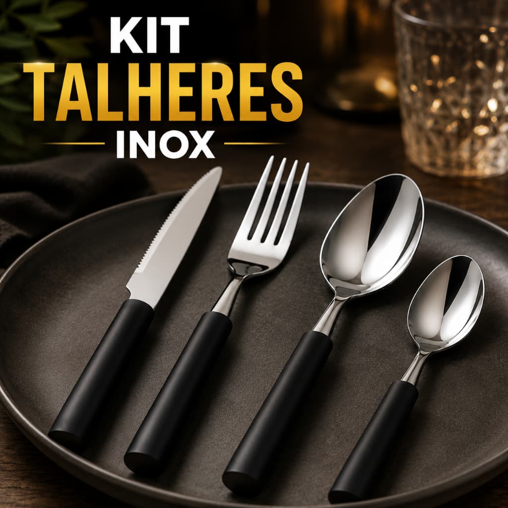 Kit Talheres  Inox Cabo Preto Faca Garfo Colher e Colher de sobremesa Utensílios Cozinha