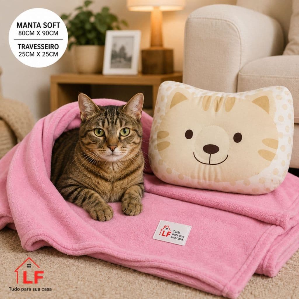 Kit Mantinha Soft com travesseiro para Pet Gato Pequeno porte medidas 0,90 x 0,80 cm e 0,20 x 0,20cm animais