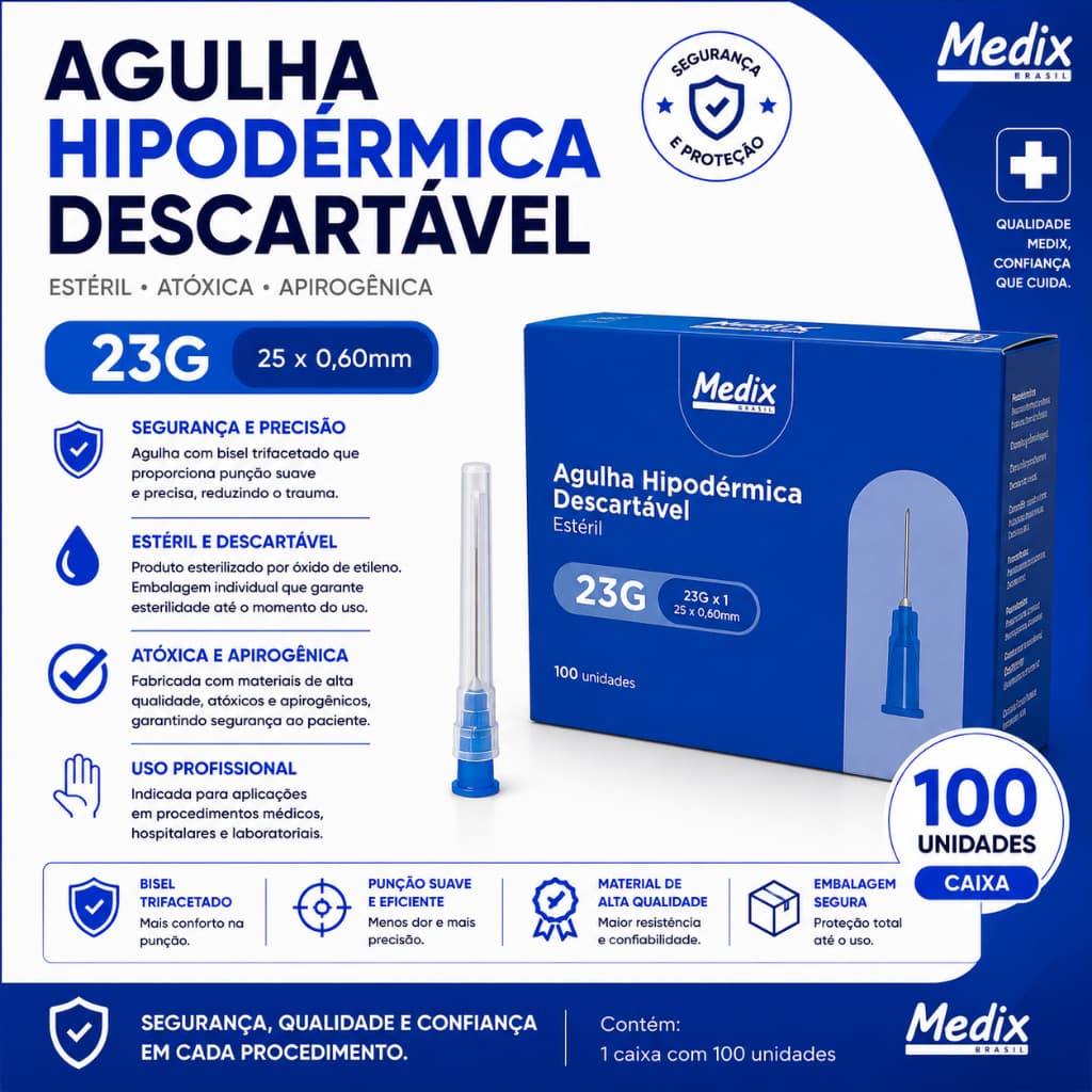 Agulha Hipodérmica Descartável 23g 25x0,60 - Caixa 100 Unidades Medix