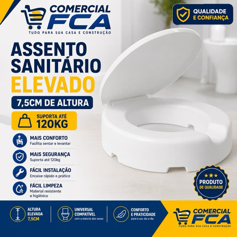 Assento Sanitário Elevado 7,5cm com Tampa Cipla 120kg – Conforto e Segurança - pcd