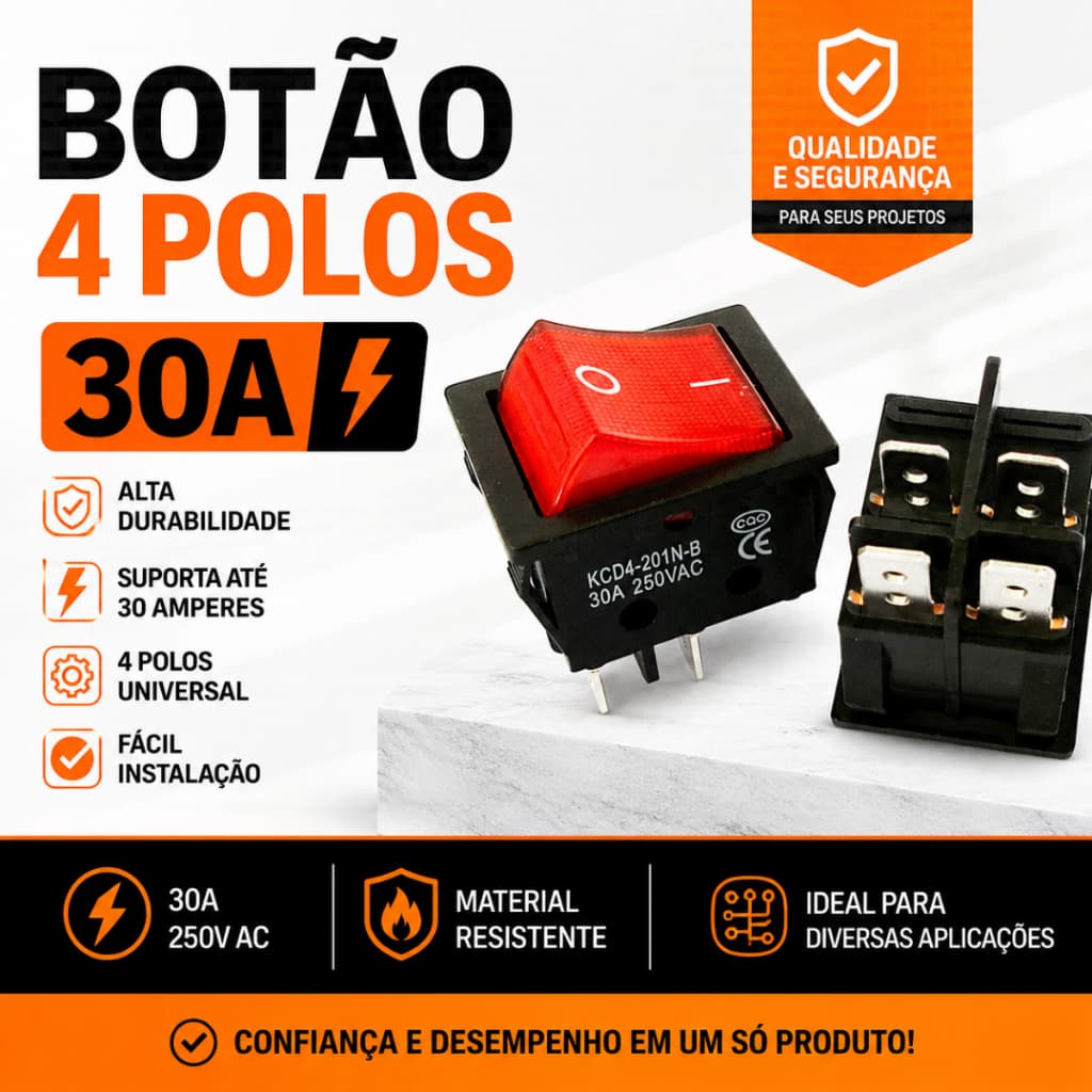 Botão Chave 30a 250v Liga E Desliga 4 Polos Vermelho Máquinas