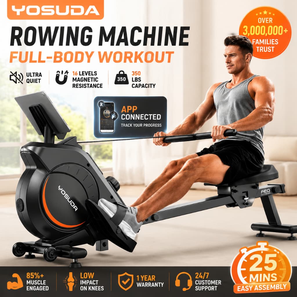 YOSUDA Máquina de Remo Residencial | 350lbs Capacidade, 16 Níveis, Baixo Impacto, Cardio Corpo Total