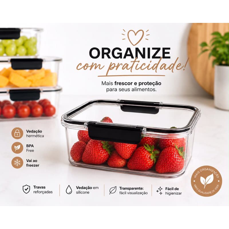 Pote Hermético Retangular com Travas e Vedação em Silicone