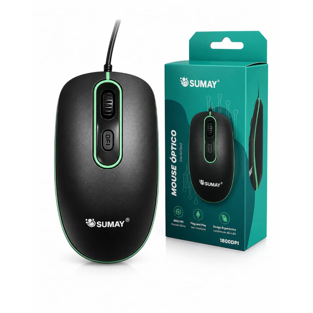 Mouse Óptico Com Fio USB - 1800 DPI, Design Ergonômico - Ideal para Trabalho e Estudo - Sumay MO1312