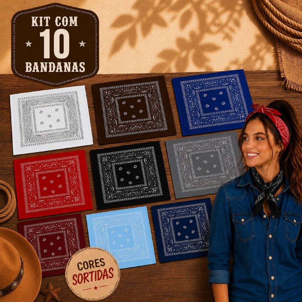 Kit 10 Lenços Bandanas Unissex Estampado Diversas Cores Diversos Modos De Uso Colorido Country