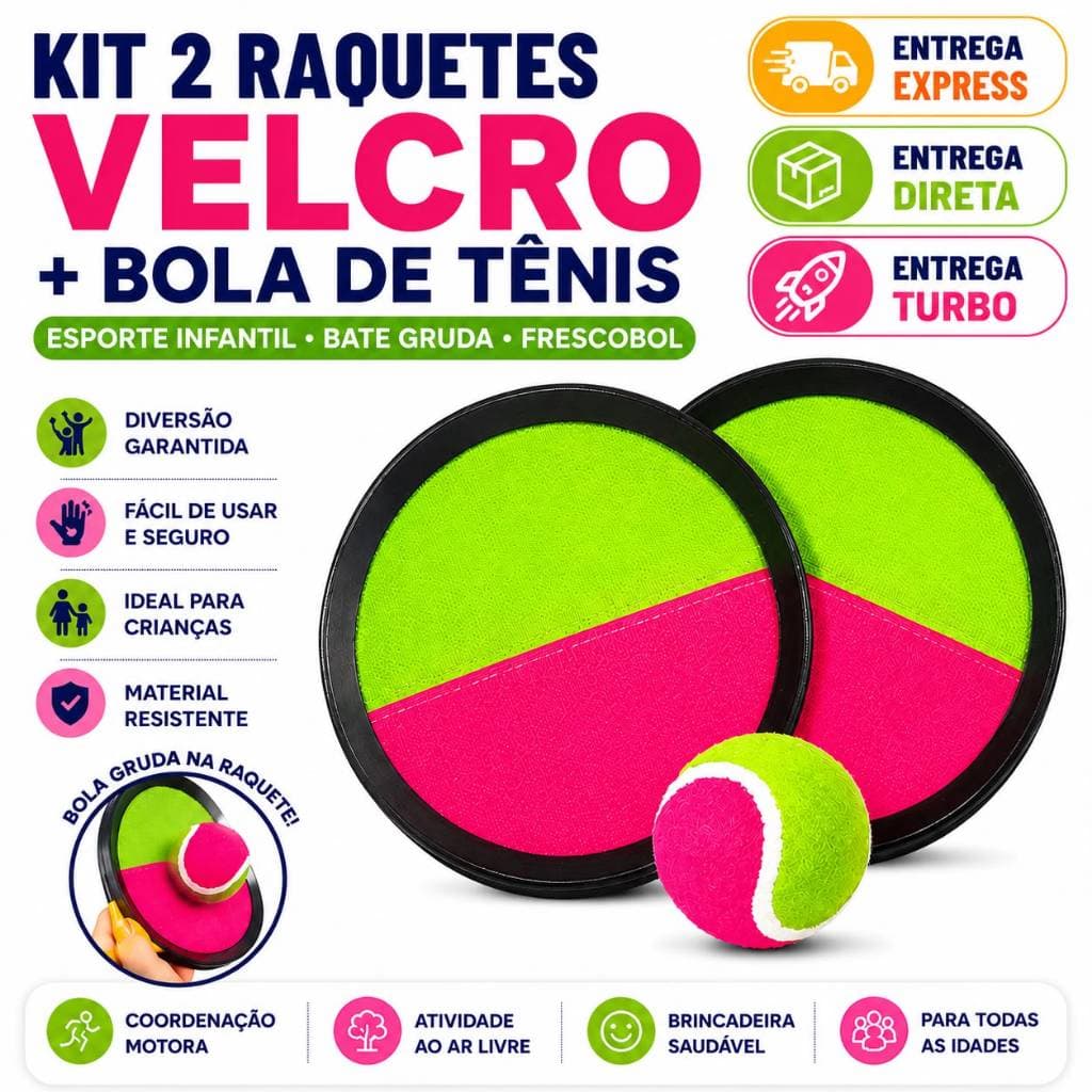 ￼Kit 2 raquetes Velcro + Bola De Tênis Esporte Infantil Bate Gruda Frescobol