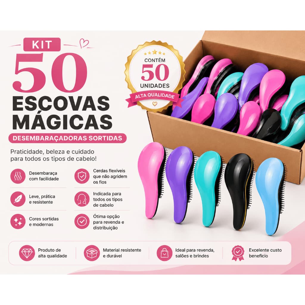 Kit Atacado 50 Escovas Mágicas Anti Frizz – Cores Sortidas Para Revenda e Uso Profissional