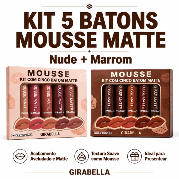 Mousse Kit Batons Matte Aveludado-Longa Duração,Não Gruda,Tons Nude e Marrom,Ideal pra presente
