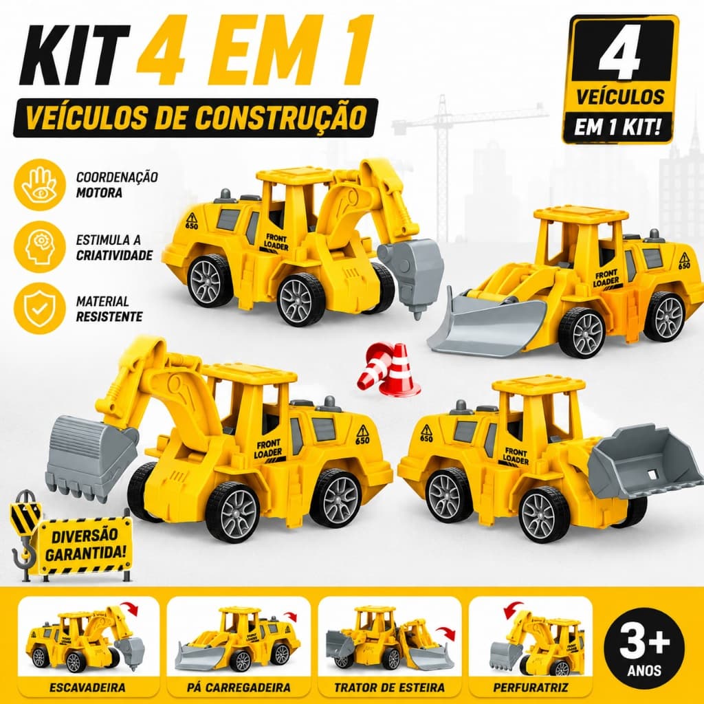 Kit 4 em 1 Veículos de Construção Educativo Desmontável Brinquedo Infantil de Montar