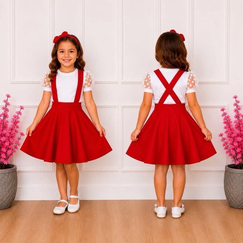 Salopete 360° Infantil SOB ENCOMENDA!! Godê Duplo Saia com Suspensório Jardineira Vestido Feminino Midi Moda Evangélica