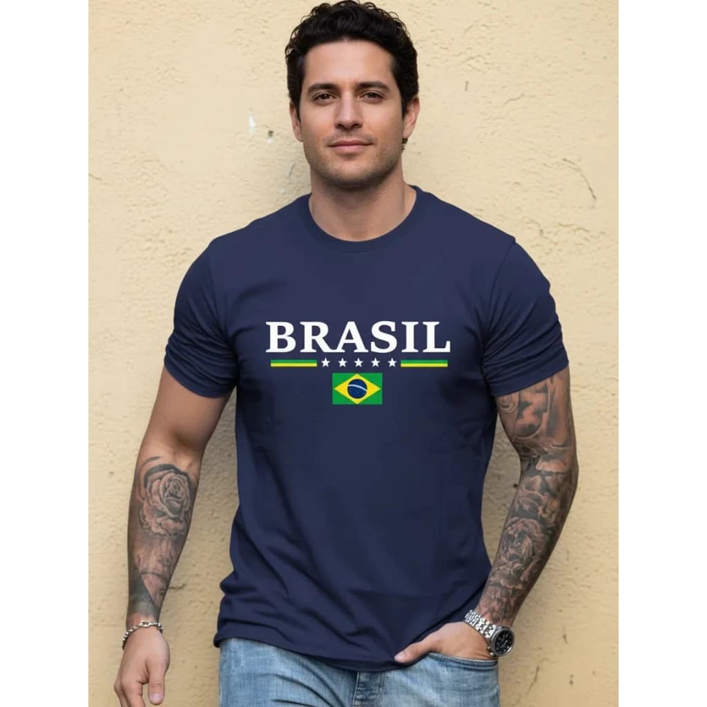 Camiseta Estampa Brasil Copa do Mundo camisa Masculina Streetwear Algodão 30.1 premium casual