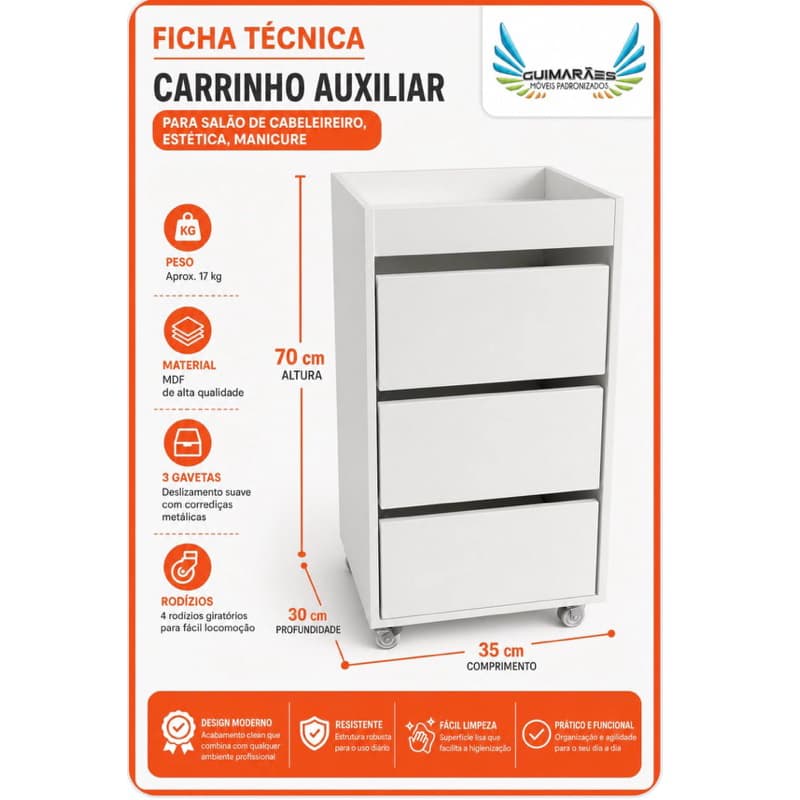 Carrinho auxiliar 3 Gavetas 100%MDF, Enviamos Montado,  Envio rapido Gaveteiro 3 gavetas