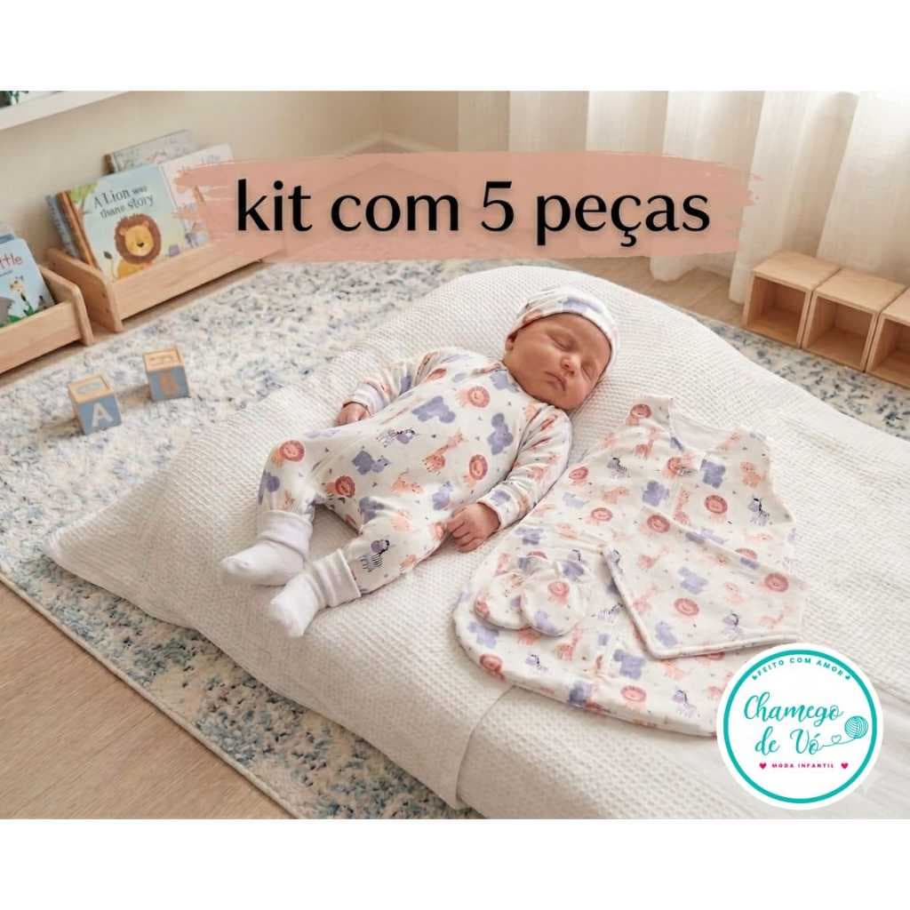 kit 5 peças saco de dormir, macacão, touquinha e luvas para bebê RN algodão saída maternidade
