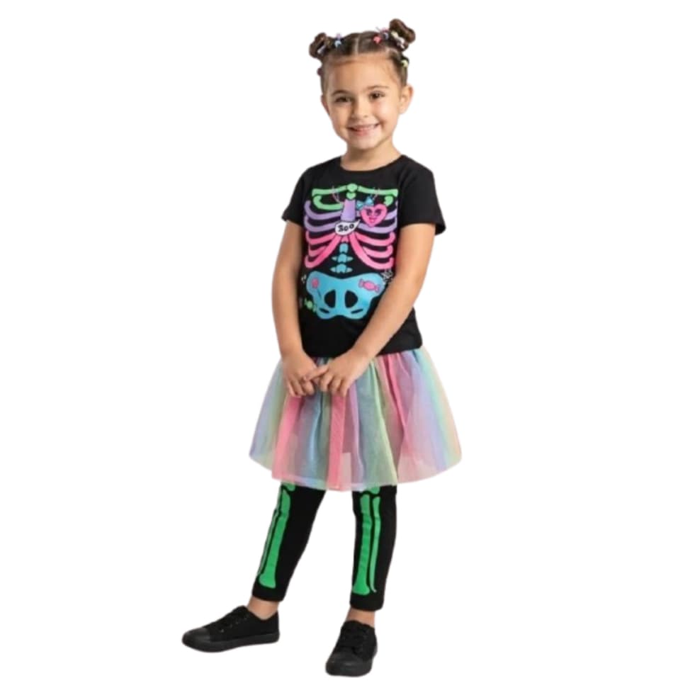 Fantasia Infantil Caveira Colorida Criança Arco-íris Esqueleto Rock Tutu Vestido Fantasia Carnaval