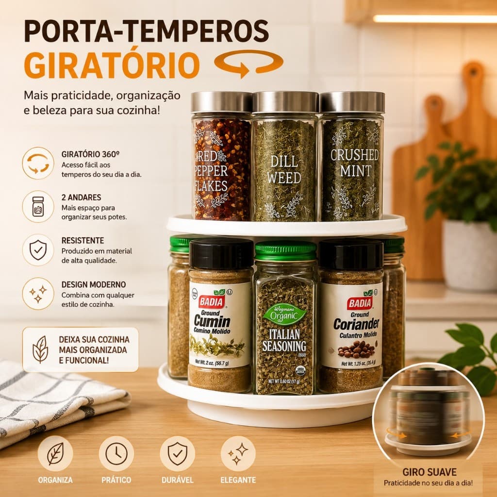 Porta-Temperos Giratório 2 Andares Organizador de Bancada