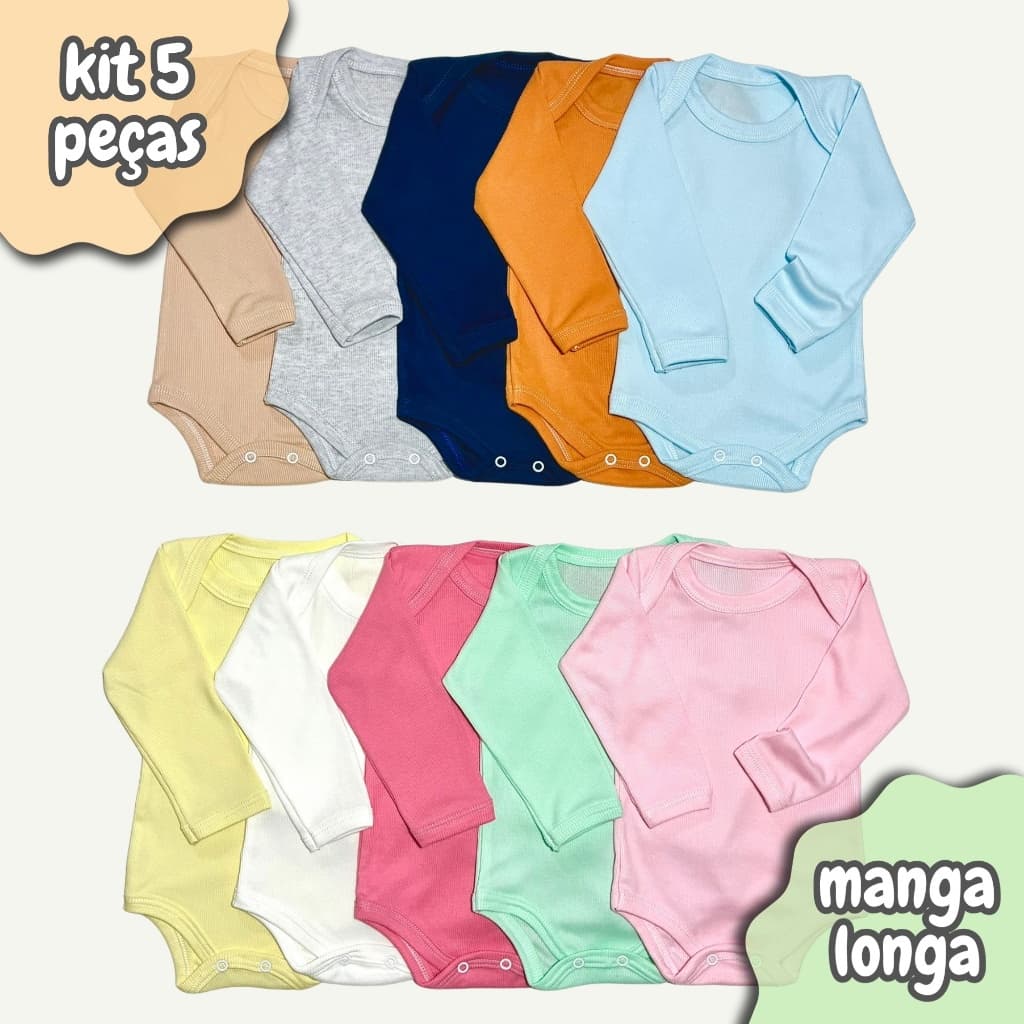 Kit 5 Body Bebê Manga Longa Malha Canelada Algodão Pagão Enxoval Maternidade Macacão Rescém Nascido