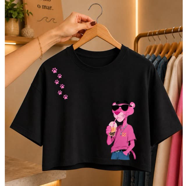 Blusa Cropped Over Pantera Cor de Rosa Algodão Premium Estampada Feminina Streetwear Casual