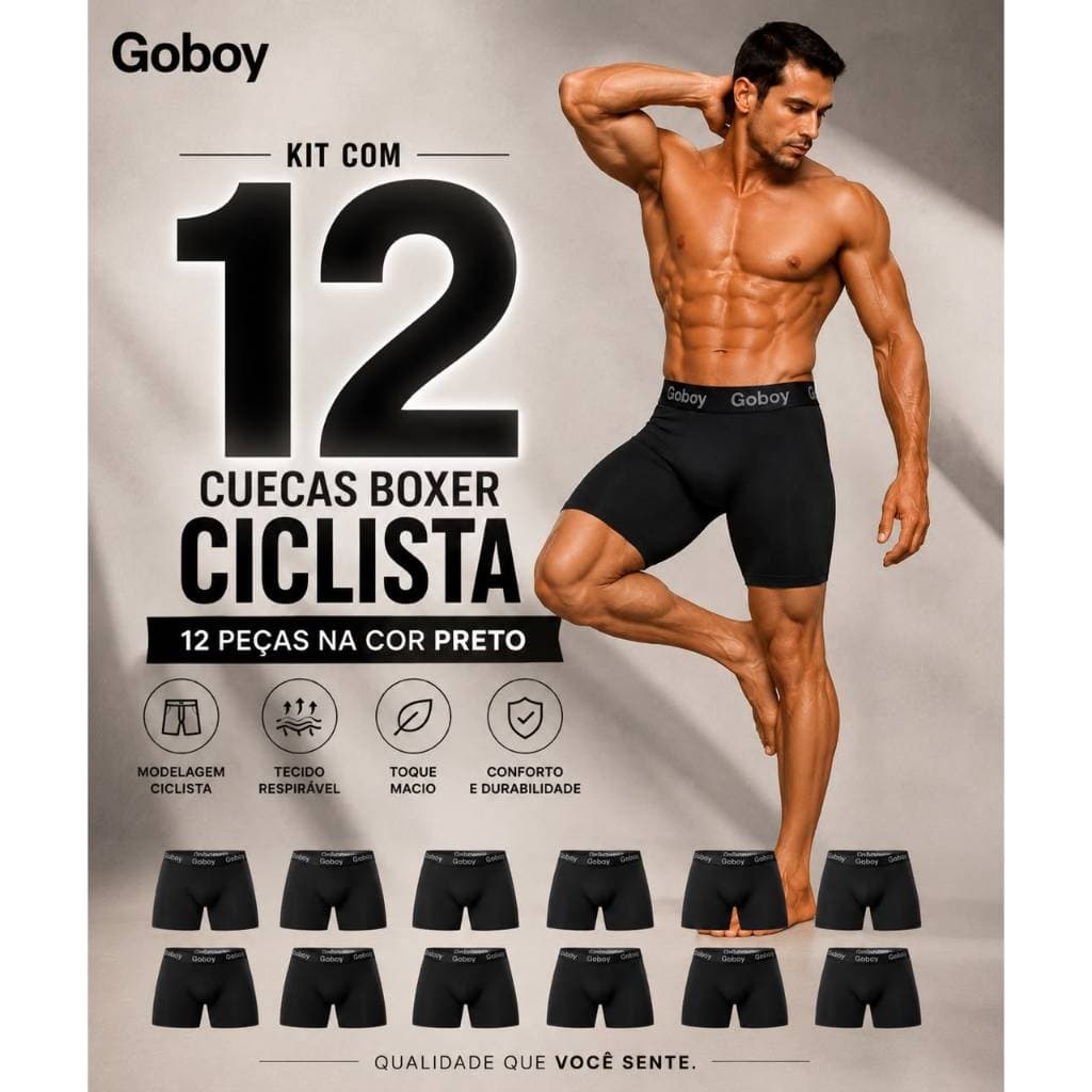 Kit com 12 Cuecas Boxer Pretas Ciclista Cueca Box Lisa Esportiva ao Básico